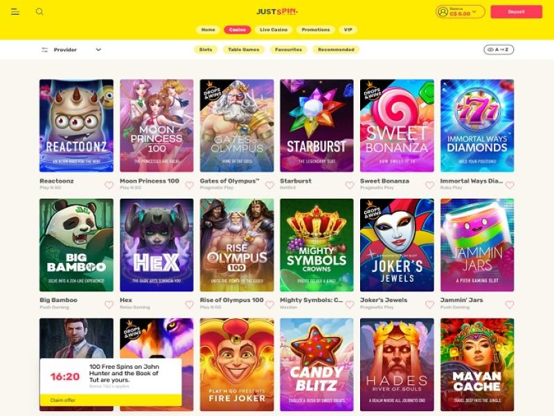JustSpin Casino kampanjasivu, jossa näkyy bonustarjouksia ja värikkäitä kampanjaelementtejä