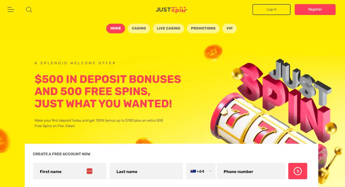 JustSpin Casino käyttöliittymä värikkäällä ja modernilla kasinotyylillä